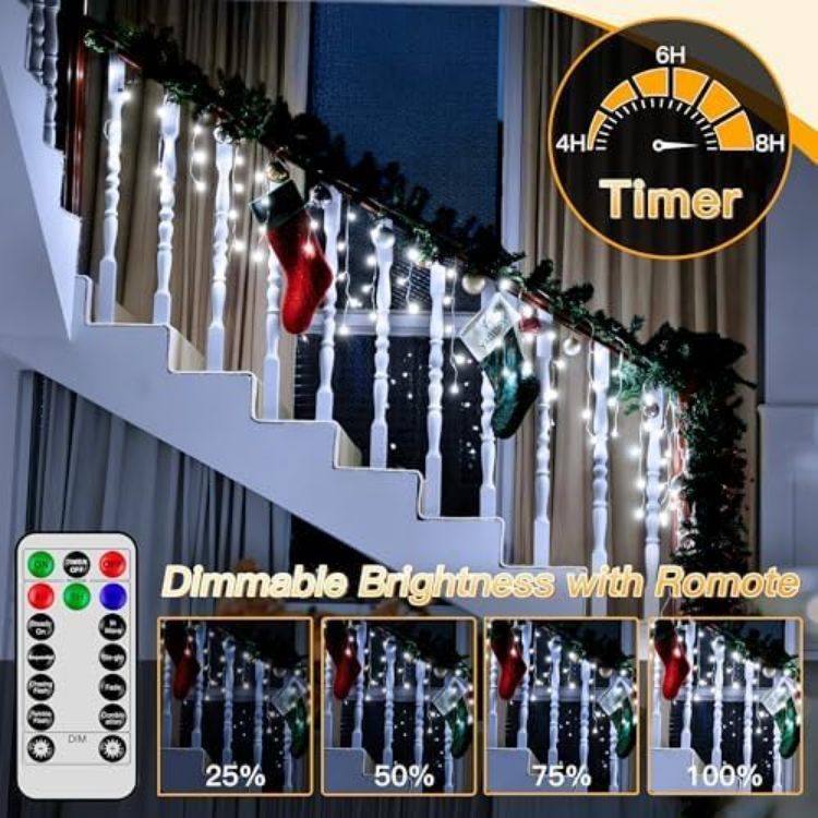 Picture of Christmas Lights, 216 LEDs 7.3m Waterproof Connectable Outside Fairy Light Mains Powered, Cool White Hanging String Light Plug in, for House Roof Porch Gutter Xmas Decorations
