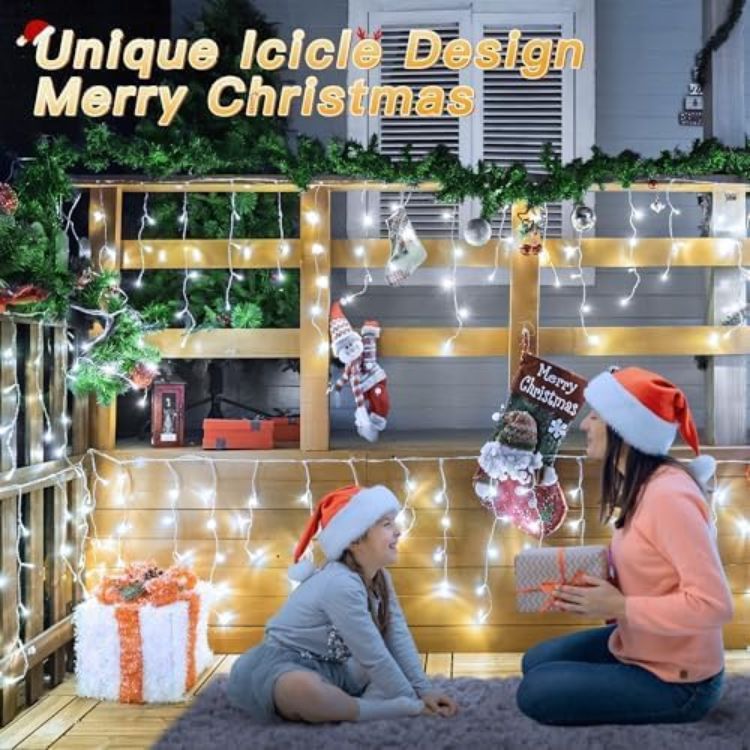 Picture of Christmas Lights, 216 LEDs 7.3m Waterproof Connectable Outside Fairy Light Mains Powered, Cool White Hanging String Light Plug in, for House Roof Porch Gutter Xmas Decorations