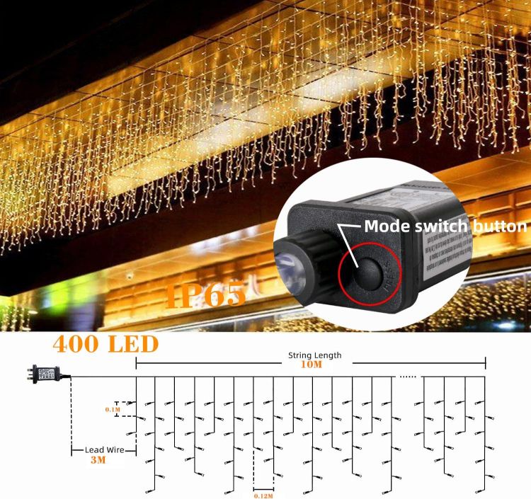 Picture of Christmas Lights Outdoor, 10m 400 LED Plug-in Waterproof Fairy String Lights with 8 Modes, Timer&Connectable, for Eaves, Gutters, House Roof, Garden, Patio & Party Decorations Warm White