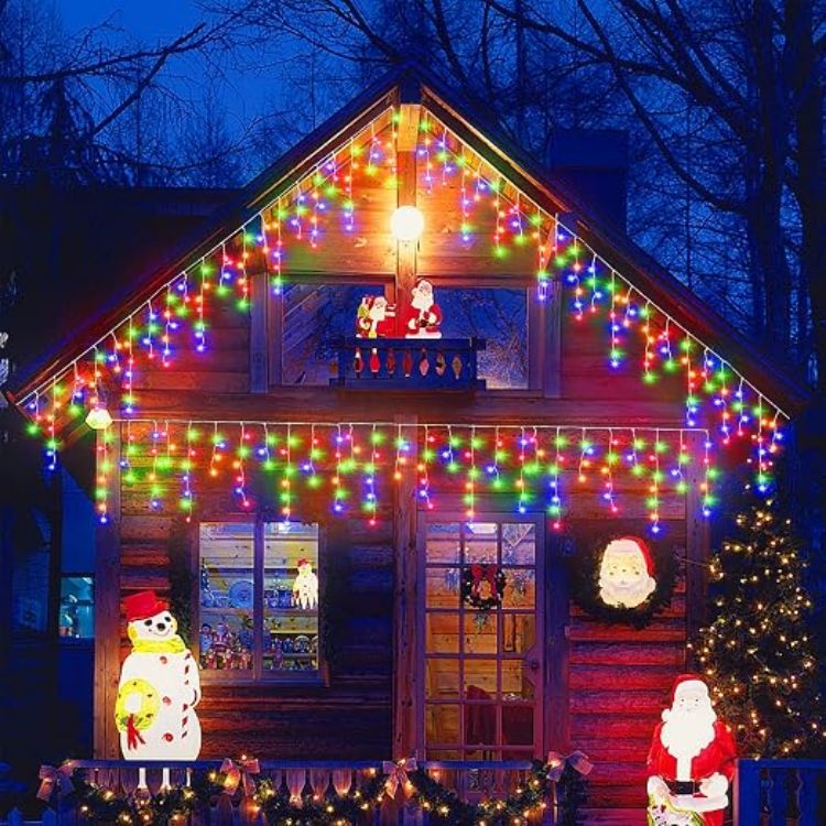 Picture of Outdoor Christmas Lights, 15M+10M 480 LED Warm White Fairy Lights Plug in with Memory Function, 6 Hours Timer, Waterproof Icicle Christmas Lights for Roof, Window, Balcony (Clear Cable)