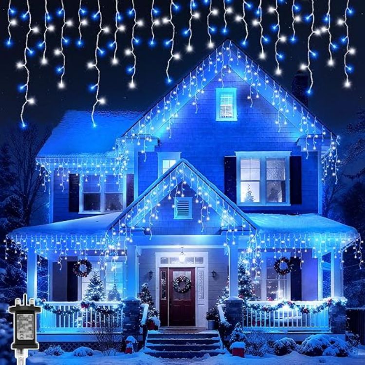 Picture of Outdoor Christmas Lights, 15M+10M 480 LED Warm White Fairy Lights Plug in with Memory Function, 6 Hours Timer, Waterproof Icicle Christmas Lights for Roof, Window, Balcony (Clear Cable)