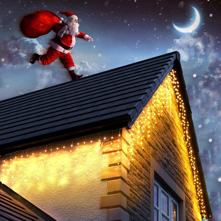 Picture of Outdoor Christmas Lights, 15M+10M 480 LED Warm White Fairy Lights Plug in with Memory Function, 6 Hours Timer, Waterproof Icicle Christmas Lights for Roof, Window, Balcony (Clear Cable)