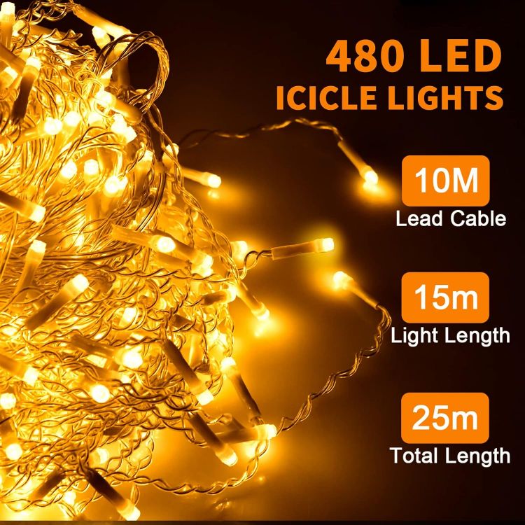 Picture of Outdoor Christmas Lights, 15M+10M 480 LED Warm White Fairy Lights Plug in with Memory Function, 6 Hours Timer, Waterproof Icicle Christmas Lights for Roof, Window, Balcony (Clear Cable)