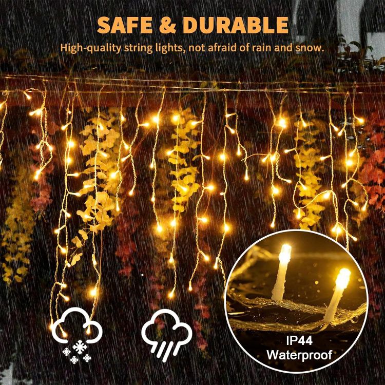 Picture of Outdoor Christmas Lights, 15M+10M 480 LED Warm White Fairy Lights Plug in with Memory Function, 6 Hours Timer, Waterproof Icicle Christmas Lights for Roof, Window, Balcony (Clear Cable)