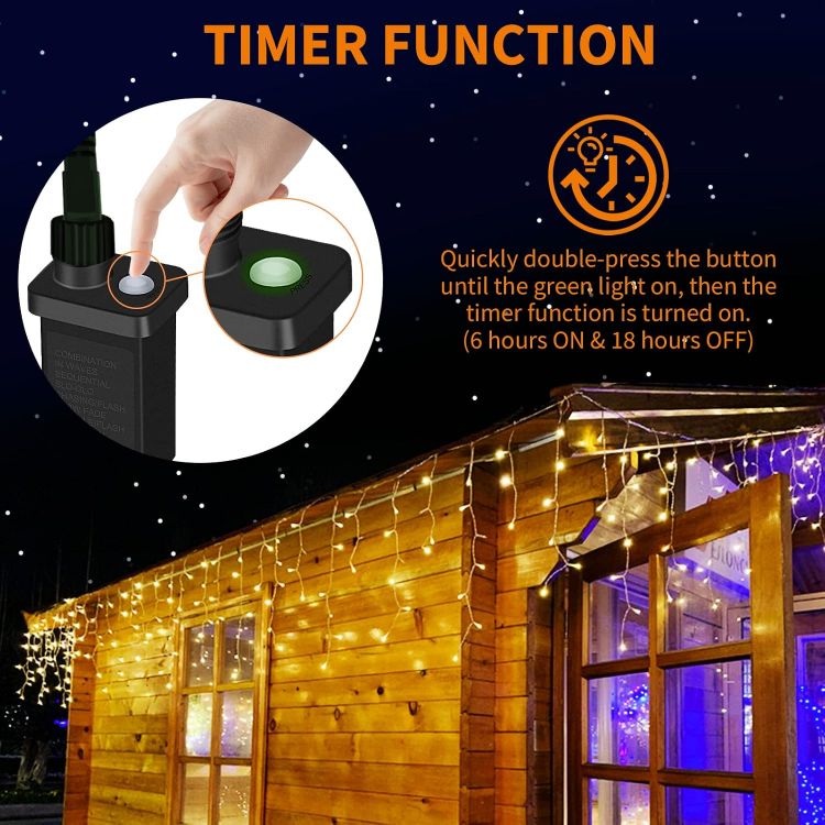 Picture of Outdoor Christmas Lights, 15M+10M 480 LED Warm White Fairy Lights Plug in with Memory Function, 6 Hours Timer, Waterproof Icicle Christmas Lights for Roof, Window, Balcony (Clear Cable)