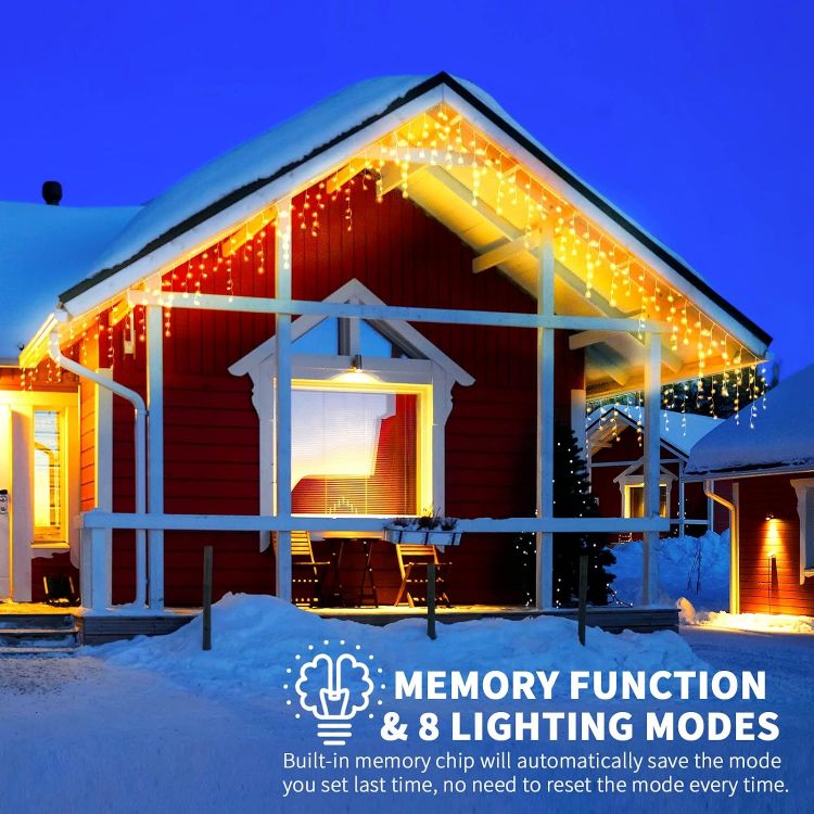 Picture of Outdoor Christmas Lights, 15M+10M 480 LED Warm White Fairy Lights Plug in with Memory Function, 6 Hours Timer, Waterproof Icicle Christmas Lights for Roof, Window, Balcony (Clear Cable)