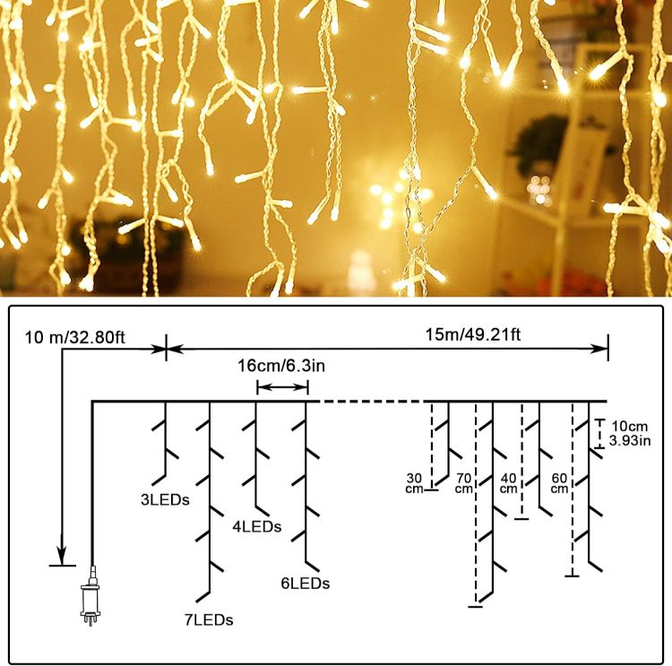 Picture of Outdoor Christmas Lights, 15M+10M 480 LED Warm White Fairy Lights Plug in with Memory Function, 6 Hours Timer, Waterproof Icicle Christmas Lights for Roof, Window, Balcony (Clear Cable)