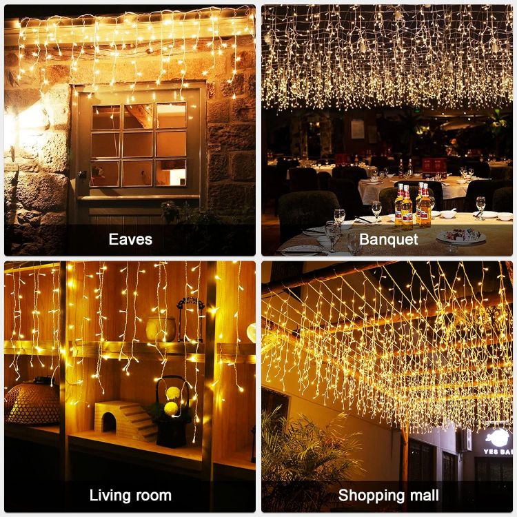 Picture of Outdoor Christmas Lights, 15M+10M 480 LED Warm White Fairy Lights Plug in with Memory Function, 6 Hours Timer, Waterproof Icicle Christmas Lights for Roof, Window, Balcony (Clear Cable)