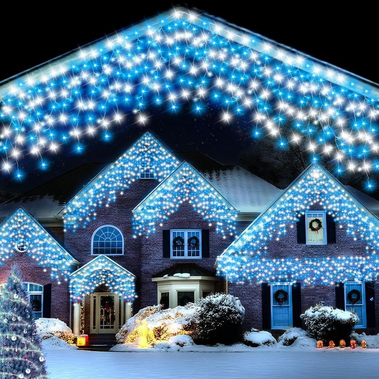 Picture of Christmas Icicle Lights Outdoor Blue White 480LED 50FT Icicle Christmas Lights with 8 Modes Timer Waterproof, for Eaves, Pavilion, Fences, Patio, Gardens, White&Blue