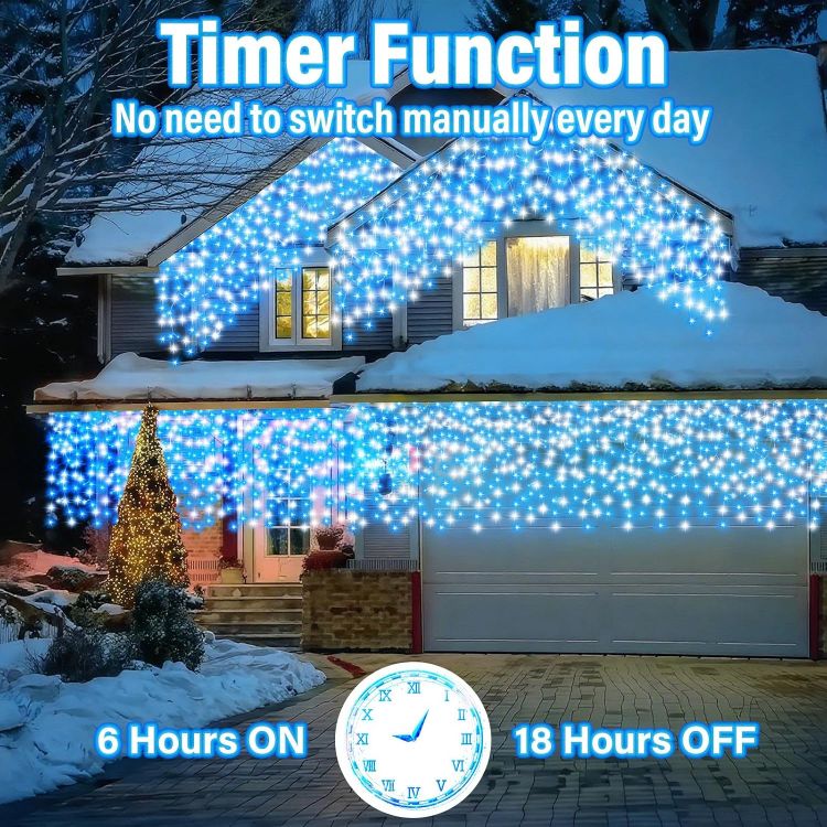 Picture of Christmas Icicle Lights Outdoor Blue White 480LED 50FT Icicle Christmas Lights with 8 Modes Timer Waterproof, for Eaves, Pavilion, Fences, Patio, Gardens, White&Blue