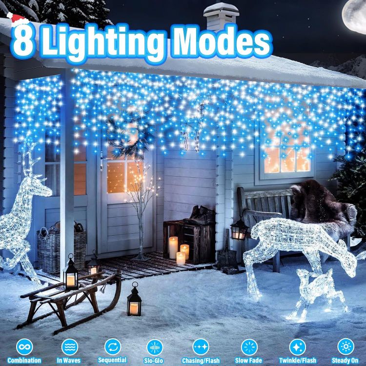 Picture of Christmas Icicle Lights Outdoor Blue White 480LED 50FT Icicle Christmas Lights with 8 Modes Timer Waterproof, for Eaves, Pavilion, Fences, Patio, Gardens, White&Blue
