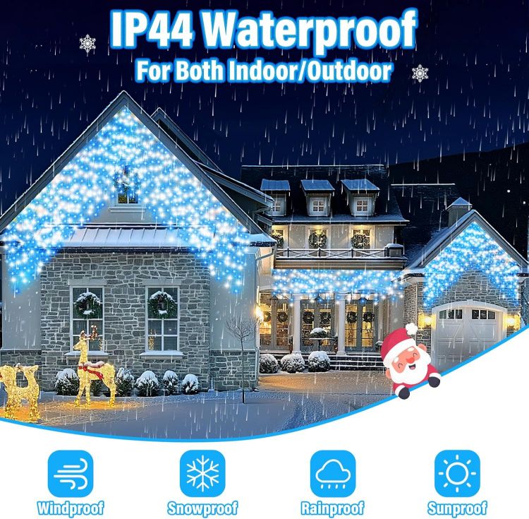 Picture of Christmas Icicle Lights Outdoor Blue White 480LED 50FT Icicle Christmas Lights with 8 Modes Timer Waterproof, for Eaves, Pavilion, Fences, Patio, Gardens, White&Blue