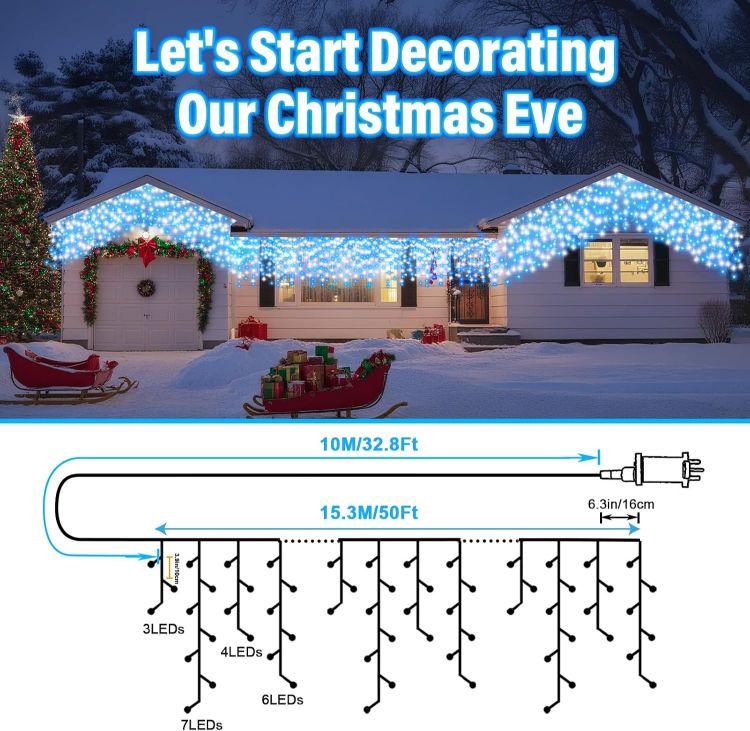 Picture of Christmas Icicle Lights Outdoor Blue White 480LED 50FT Icicle Christmas Lights with 8 Modes Timer Waterproof, for Eaves, Pavilion, Fences, Patio, Gardens, White&Blue
