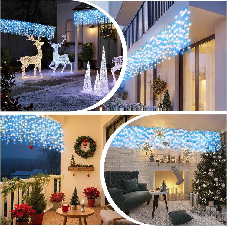 Picture of Christmas Icicle Lights Outdoor Blue White 480LED 50FT Icicle Christmas Lights with 8 Modes Timer Waterproof, for Eaves, Pavilion, Fences, Patio, Gardens, White&Blue