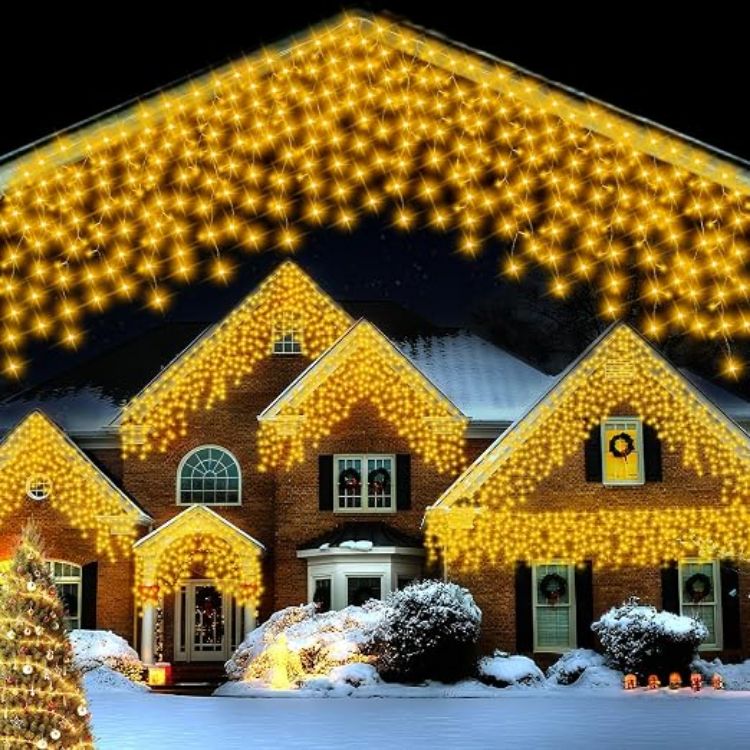 Picture of Christmas Icicle Lights Outdoor Blue White 480LED 50FT Icicle Christmas Lights with 8 Modes Timer Waterproof, for Eaves, Pavilion, Fences, Patio, Gardens, White&Blue