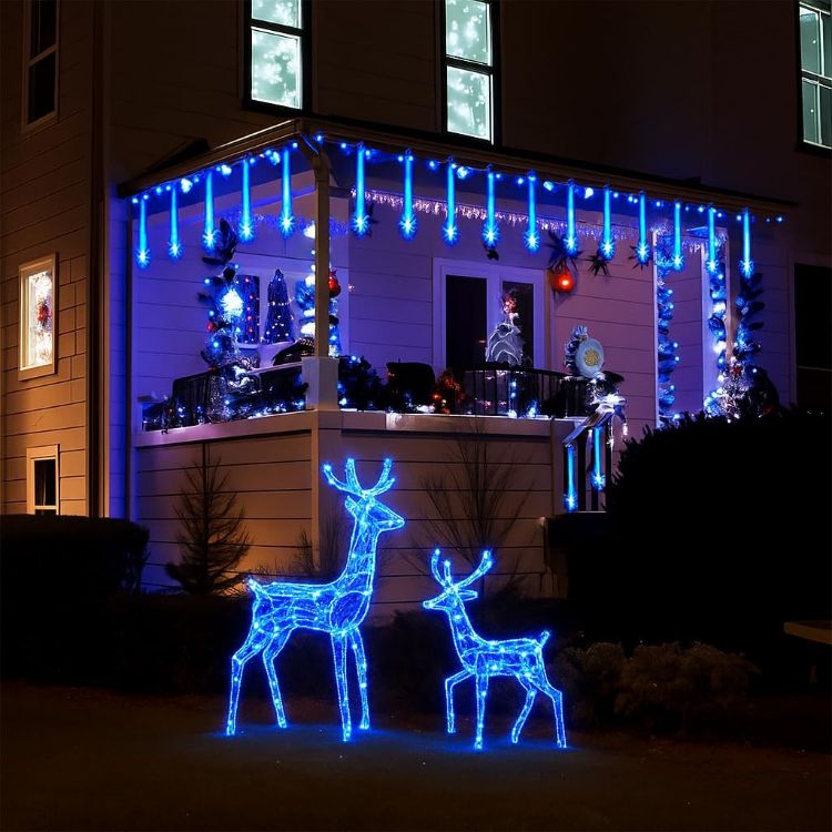 Picture of Christmas Icicle Lights Outdoor: 8-Tubes Meteor Shower Rain Light Waterproof Outside Christmas Decorations for Festival Party Wedding Blue