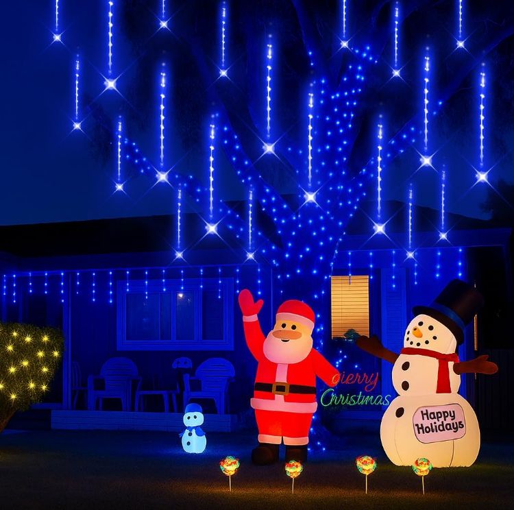 Picture of Christmas Icicle Lights Outdoor: 8-Tubes Meteor Shower Rain Light Waterproof Outside Christmas Decorations for Festival Party Wedding Blue