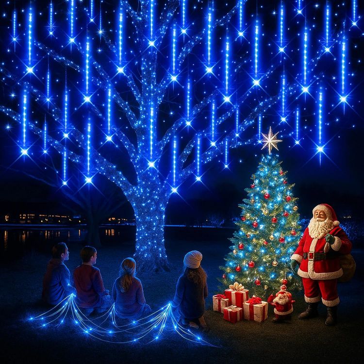 Picture of Christmas Icicle Lights Outdoor: 8-Tubes Meteor Shower Rain Light Waterproof Outside Christmas Decorations for Festival Party Wedding Blue