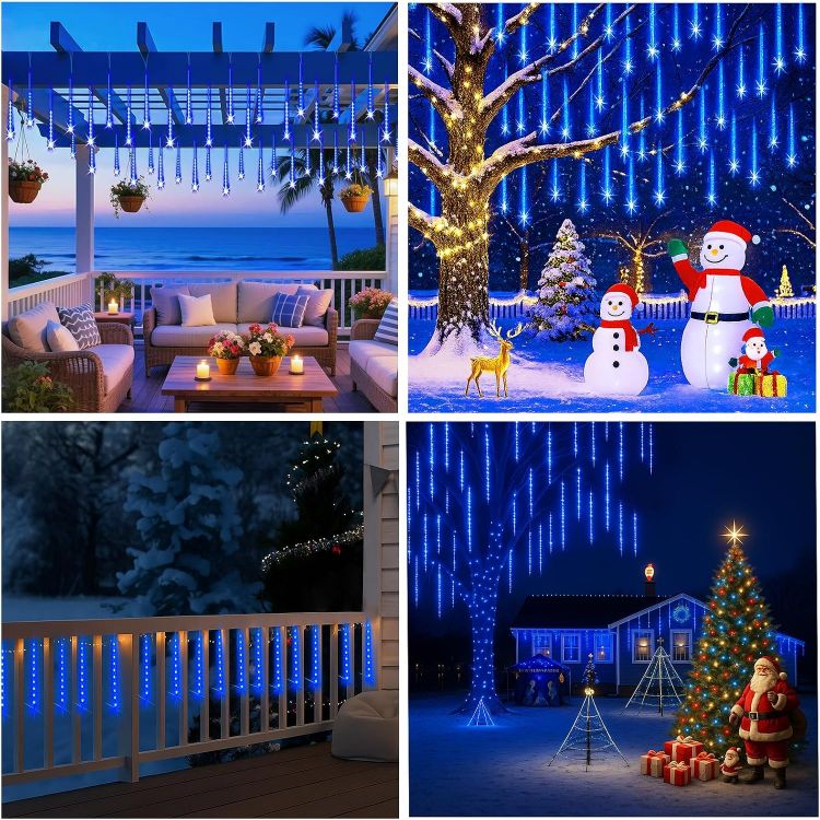 Picture of Christmas Icicle Lights Outdoor: 8-Tubes Meteor Shower Rain Light Waterproof Outside Christmas Decorations for Festival Party Wedding Blue