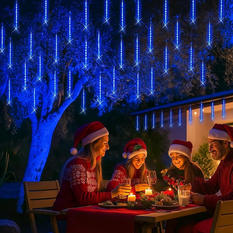 Picture of Christmas Icicle Lights Outdoor: 8-Tubes Meteor Shower Rain Light Waterproof Outside Christmas Decorations for Festival Party Wedding Blue
