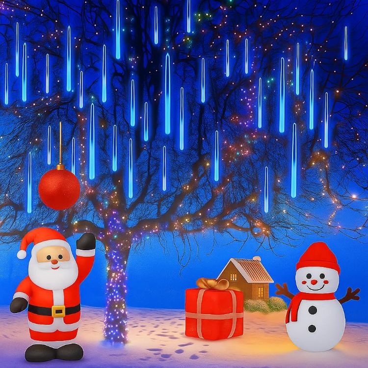 Picture of Christmas Icicle Lights Outdoor: 8-Tubes Meteor Shower Rain Light Waterproof Outside Christmas Decorations for Festival Party Wedding Blue