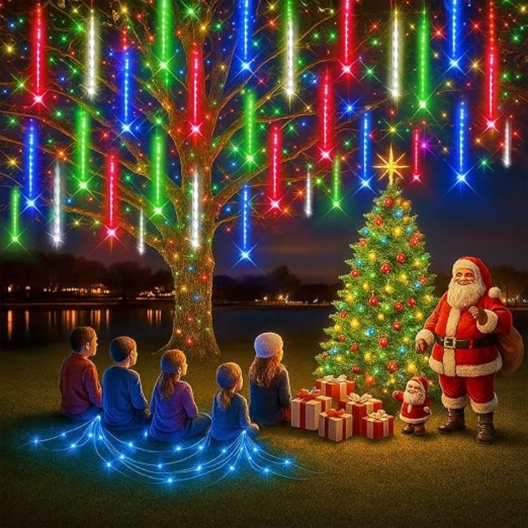 Picture of Christmas Icicle Lights Outdoor: 8-Tubes Meteor Shower Rain Light Waterproof Outside Christmas Decorations for Festival Party Wedding Blue