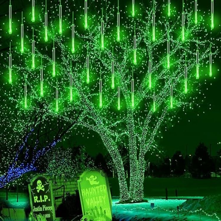Picture of Christmas Icicle Lights Outdoor: 8-Tubes Meteor Shower Rain Light Waterproof Outside Christmas Decorations for Festival Party Wedding Blue