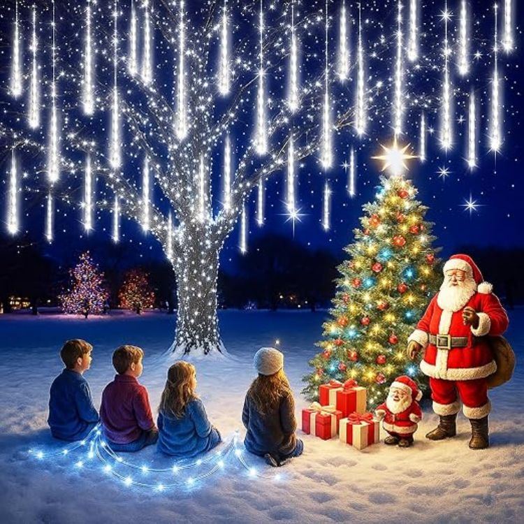 Picture of Christmas Icicle Lights Outdoor: 8-Tubes Meteor Shower Rain Light Waterproof Outside Christmas Decorations for Festival Party Wedding Blue