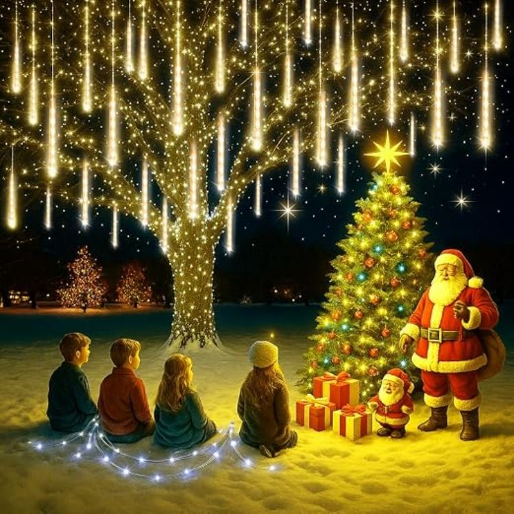 Picture of Christmas Icicle Lights Outdoor: 8-Tubes Meteor Shower Rain Light Waterproof Outside Christmas Decorations for Festival Party Wedding Blue