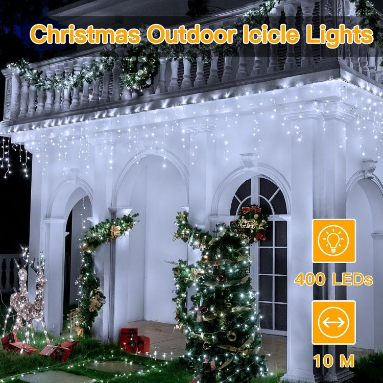 Picture of Outdoor Christmas Lights, 10M 400LED Waterproof Hanging Fairy Lights Cool White String Light, Plug/Remote/8 Modes/Timer/Connectable, Lighting Outside House Roof Gutter Xmas Decorations 