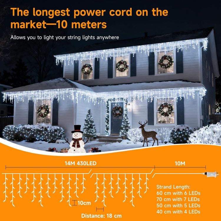 Picture of 430 LED 14M+10M/78.7FT Xmas Snowing Icicle Light, 78 Drops 8 Modes Waterproof Timer Indoor/Outdoor Icicle Christmas Decorations Lights for Roof, Garden (Cool, 14M)