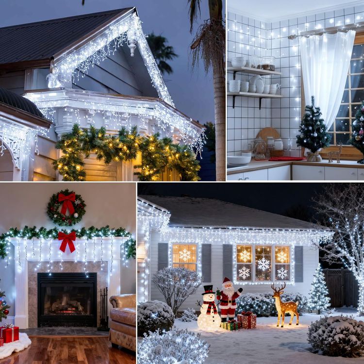Picture of 430 LED 14M+10M/78.7FT Xmas Snowing Icicle Light, 78 Drops 8 Modes Waterproof Timer Indoor/Outdoor Icicle Christmas Decorations Lights for Roof, Garden (Cool, 14M)