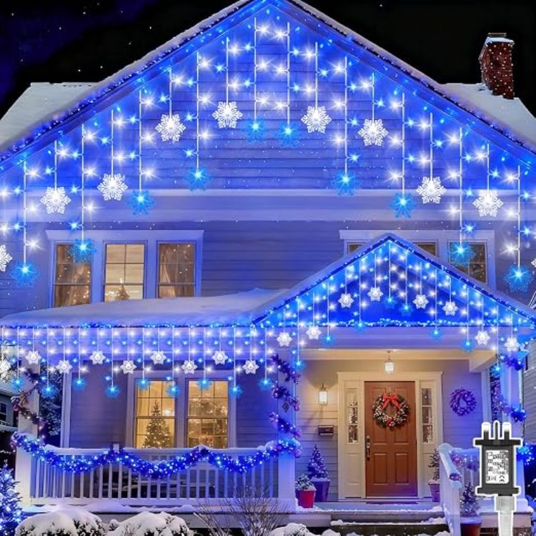 Picture of 10M 240LEDs Snowflake Icicle Christmas Lights Mains Powered with Timer Waterproof Hanging Fairy Light for Outside House Gutter Roof Window Wall Xmas Decorations-Warm White