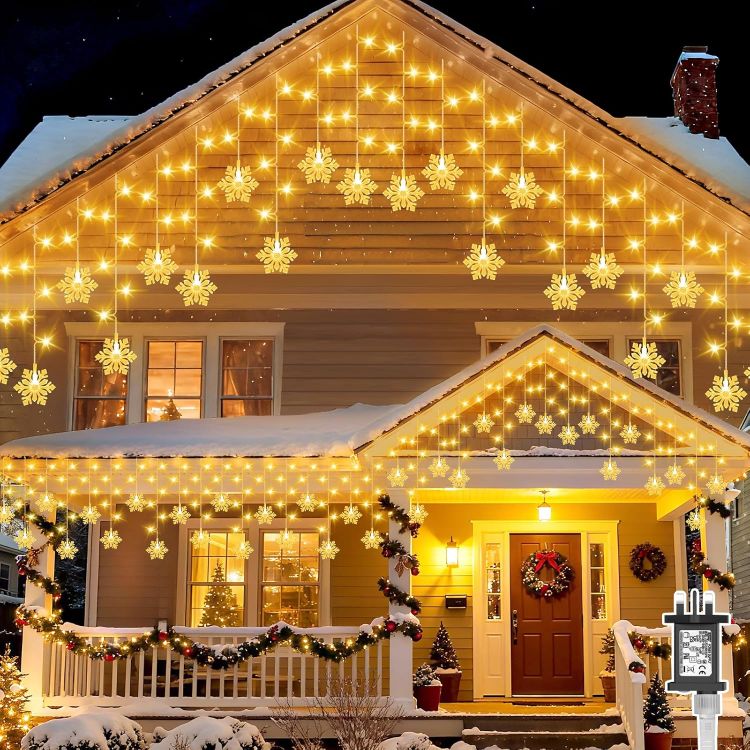 Picture of 10M 240LEDs Snowflake Icicle Christmas Lights Mains Powered with Timer Waterproof Hanging Fairy Light for Outside House Gutter Roof Window Wall Xmas Decorations-Warm White