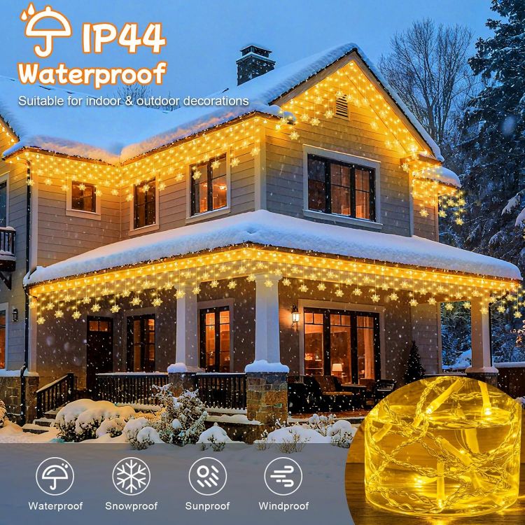 Picture of 10M 240LEDs Snowflake Icicle Christmas Lights Mains Powered with Timer Waterproof Hanging Fairy Light for Outside House Gutter Roof Window Wall Xmas Decorations-Warm White