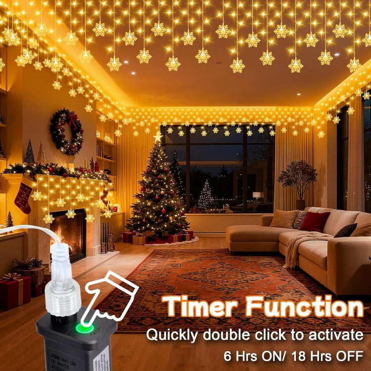 Picture of 10M 240LEDs Snowflake Icicle Christmas Lights Mains Powered with Timer Waterproof Hanging Fairy Light for Outside House Gutter Roof Window Wall Xmas Decorations-Warm White