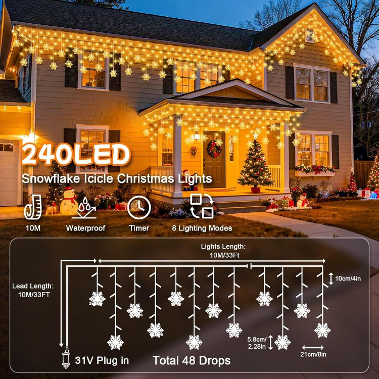 Picture of 10M 240LEDs Snowflake Icicle Christmas Lights Mains Powered with Timer Waterproof Hanging Fairy Light for Outside House Gutter Roof Window Wall Xmas Decorations-Warm White