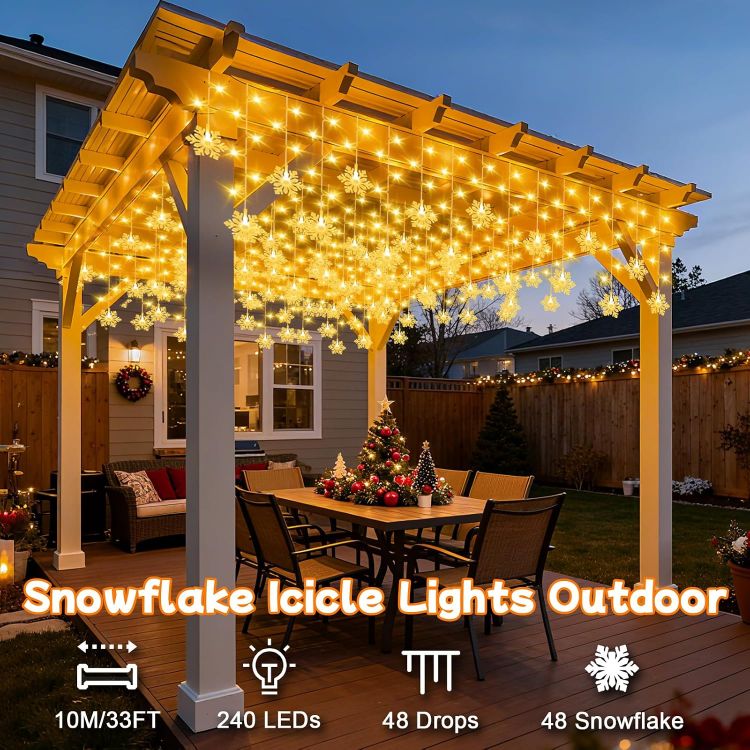 Picture of 10M 240LEDs Snowflake Icicle Christmas Lights Mains Powered with Timer Waterproof Hanging Fairy Light for Outside House Gutter Roof Window Wall Xmas Decorations-Warm White