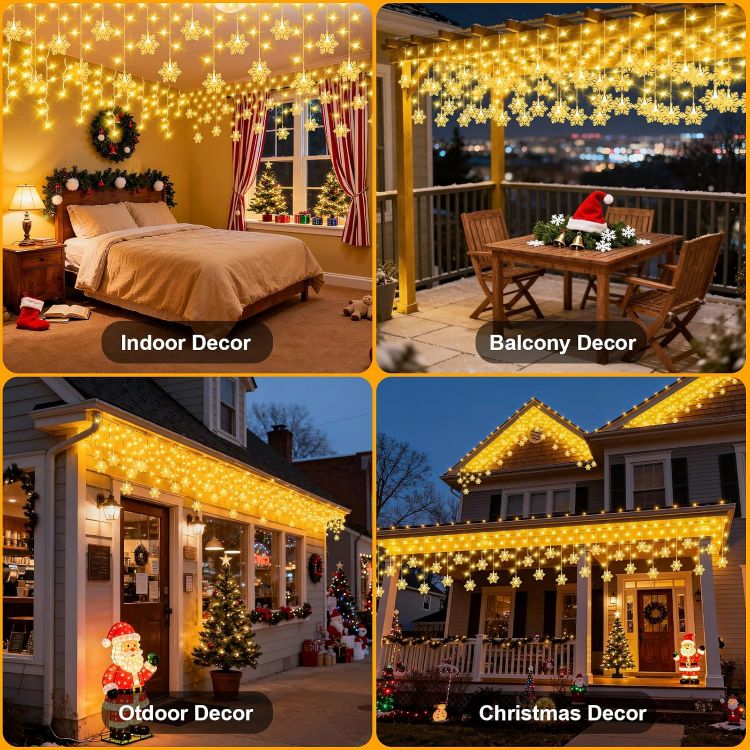 Picture of 10M 240LEDs Snowflake Icicle Christmas Lights Mains Powered with Timer Waterproof Hanging Fairy Light for Outside House Gutter Roof Window Wall Xmas Decorations-Warm White
