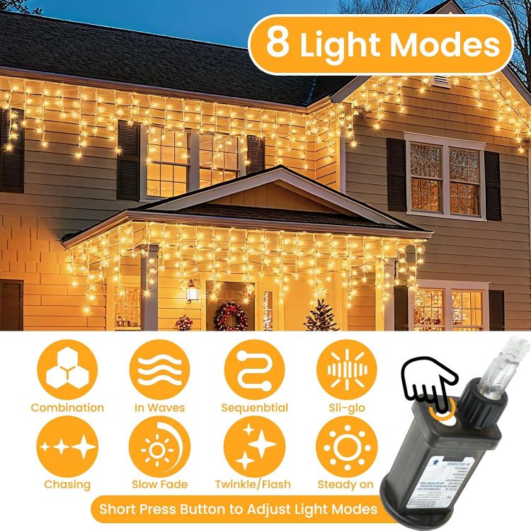 Picture of 400LED 10M Icicle Lights Outdoor Waterproof, Mains Powered Fairy Lights Plug In with 8 Modes & Timer, Warm White String Light for Outside Gutter House Roof Xmas Decorations