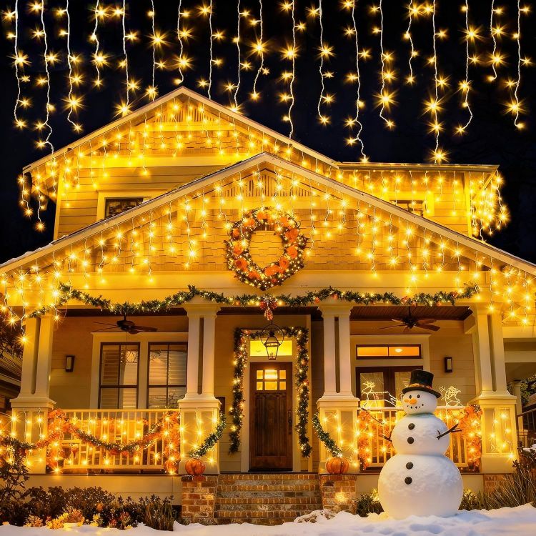 Picture of 400LED 10M Icicle Lights Outdoor Waterproof, Mains Powered Fairy Lights Plug In with 8 Modes & Timer, Warm White String Light for Outside Gutter House Roof Xmas Decorations