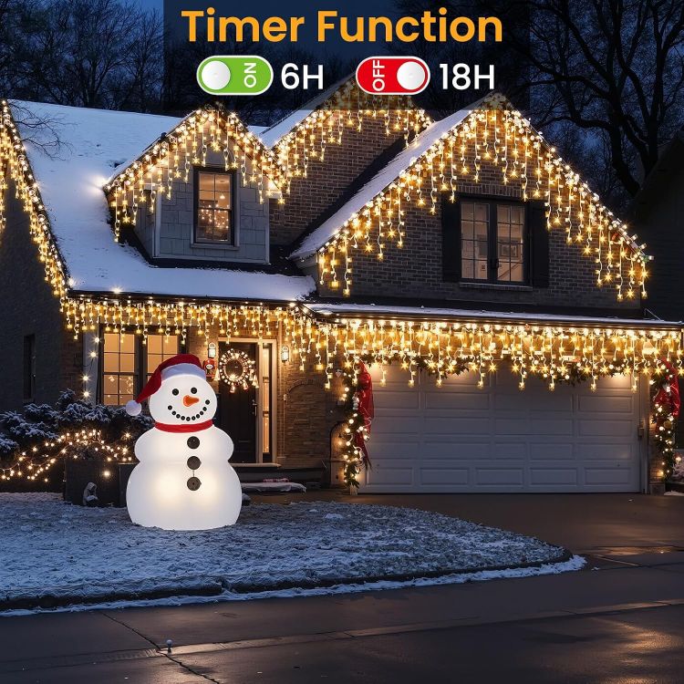 Picture of 400LED 10M Icicle Lights Outdoor Waterproof, Mains Powered Fairy Lights Plug In with 8 Modes & Timer, Warm White String Light for Outside Gutter House Roof Xmas Decorations