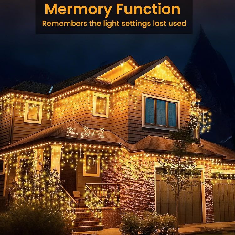 Picture of 400LED 10M Icicle Lights Outdoor Waterproof, Mains Powered Fairy Lights Plug In with 8 Modes & Timer, Warm White String Light for Outside Gutter House Roof Xmas Decorations