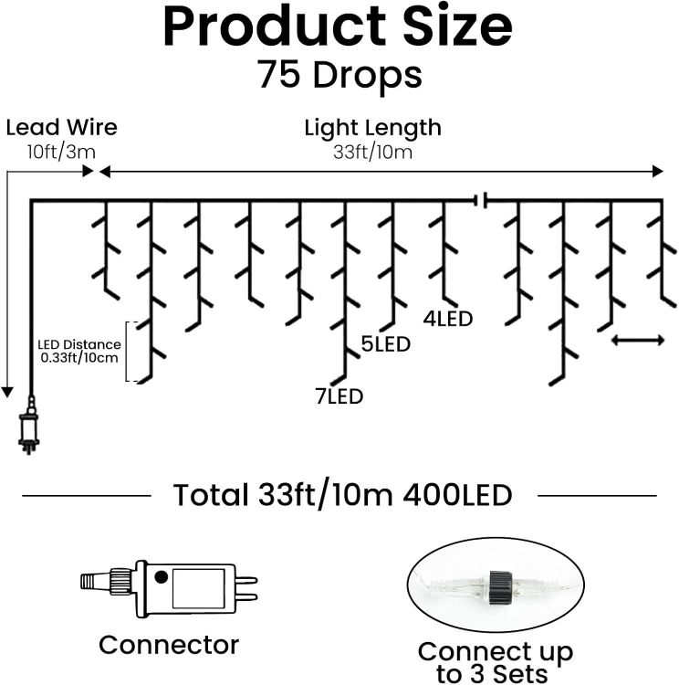 Picture of 400LED 10M Icicle Lights Outdoor Waterproof, Mains Powered Fairy Lights Plug In with 8 Modes & Timer, Warm White String Light for Outside Gutter House Roof Xmas Decorations