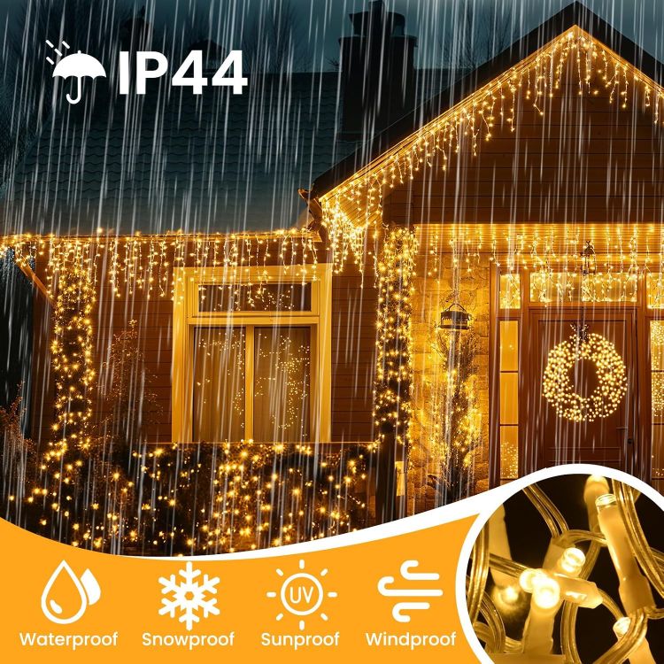 Picture of 400LED 10M Icicle Lights Outdoor Waterproof, Mains Powered Fairy Lights Plug In with 8 Modes & Timer, Warm White String Light for Outside Gutter House Roof Xmas Decorations