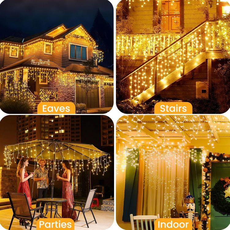 Picture of 400LED 10M Icicle Lights Outdoor Waterproof, Mains Powered Fairy Lights Plug In with 8 Modes & Timer, Warm White String Light for Outside Gutter House Roof Xmas Decorations