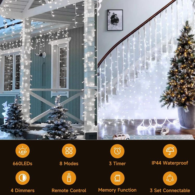 Picture of 660 LED 15M+5M/66FT Xmas Snowing Icicle Light, 120 Drops 8 Modes Waterproof Timer Indoor/Outdoor Icicle Christmas Decorations Lights for Roof, Garden (15M, Cool White)