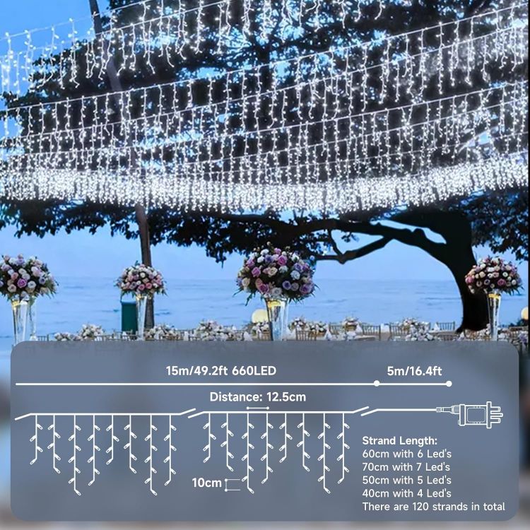 Picture of 660 LED 15M+5M/66FT Xmas Snowing Icicle Light, 120 Drops 8 Modes Waterproof Timer Indoor/Outdoor Icicle Christmas Decorations Lights for Roof, Garden (15M, Cool White)