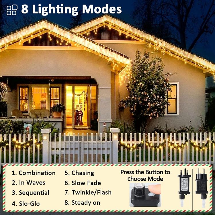 Picture of Christmas Icicle Lights, 8M 288 LEDs String Light, Icicle Hanging Fairy Lights Plug in 8 Modes, Outdoor Waterproof Waterfall Fairy String Light for Roof, Garden, Party, Patio, Xmas Decorations