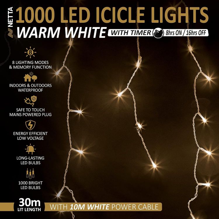 Picture of  Outdoor Christmas 1000 LED 30m Lit Length, Warm White LED Icicle Fairy House Lights with 8 Hours On Timer, Memory, 8 Lighting Modes, Mains Powered – 1000 LED, Warm White
